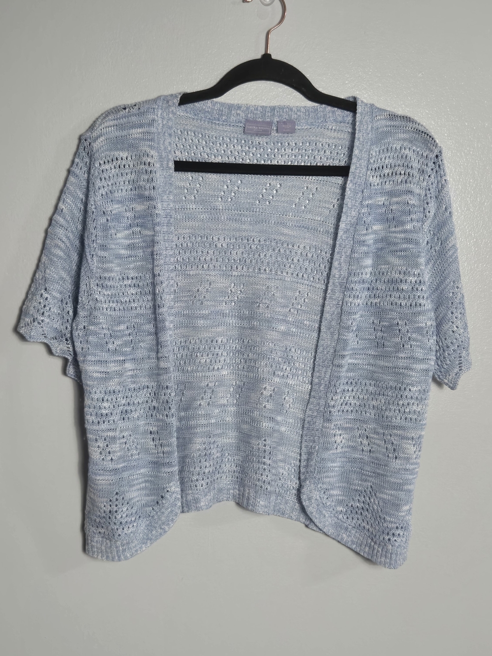 Laura Scott Petite Blue White Space Dye Pointelle Knit Open Cardigan Size XL